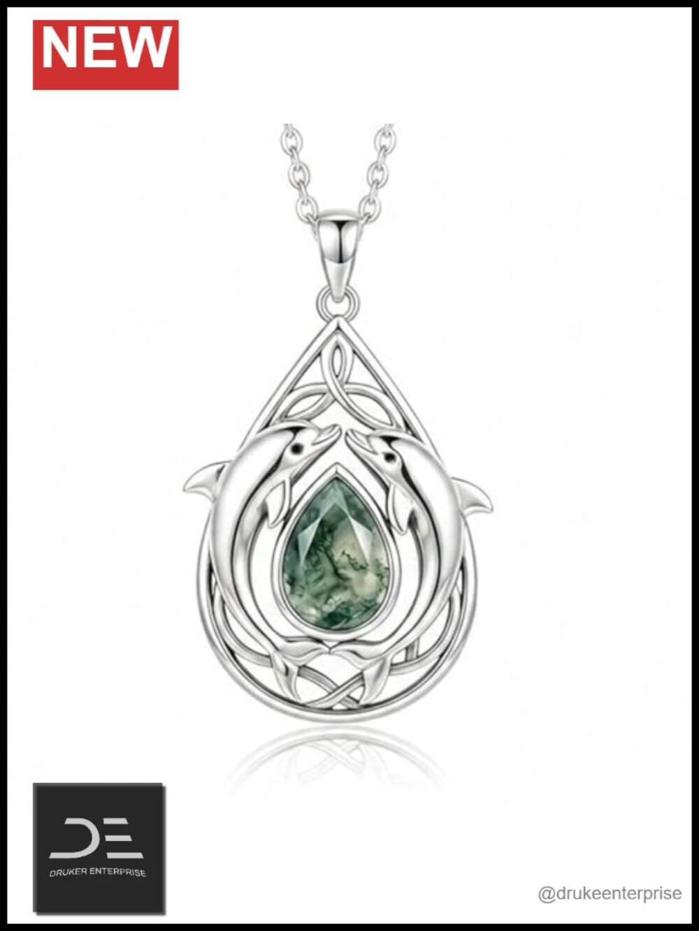 Sterling Silver Moss Agate Dolphin Pendant Necklace Women Celtic Knot Jewelry